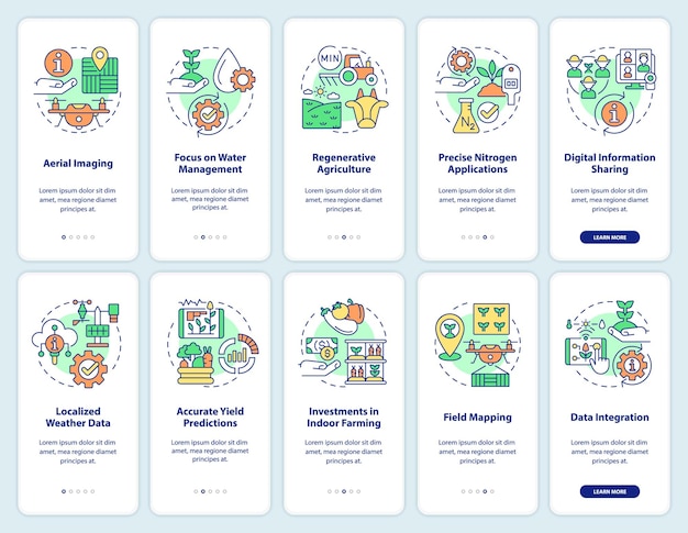 Conjunto de pantalla de aplicación móvil de incorporación de tendencias agrícolas tutorial de agricultura páginas de instrucciones gráficas de 5 pasos con conceptos lineales ui ux plantilla de gui myriad probold fuentes regulares utilizadas