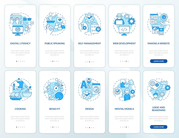 Conjunto de pantalla de aplicación móvil de integración azul de habilidades para la vida importantes