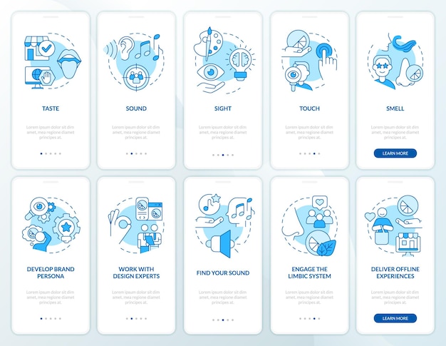 Conjunto de pantalla de aplicación móvil de integración azul de marca sensorial