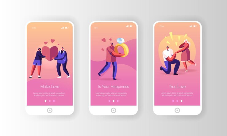 Vector conjunto de pantalla a bordo de la página de la aplicación móvil de propuestas y relaciones románticas.
