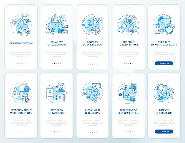 Conjunto de pantalla de la página de la aplicación móvil de incorporación azul de derechos de los trabajadores migrantes