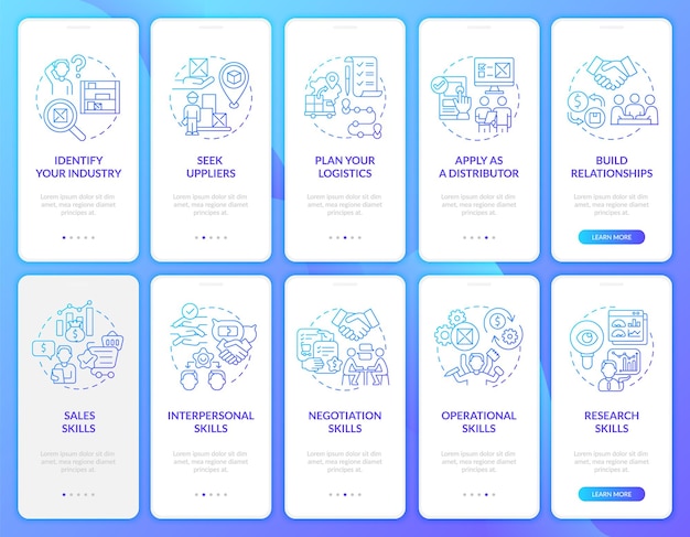Conjunto de pantalla de la página de la aplicación móvil de incorporación de negocios mayoristas