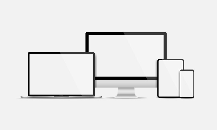 Vector conjunto de pantalla de visualización de dispositivos electrónicos realistas. pantalla en blanco de computadora, computadora portátil, tableta y teléfono inteligente aislado. ilustración vectorial eps 10