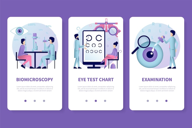 Vector conjunto de pantallas de la aplicación de oftalmología
