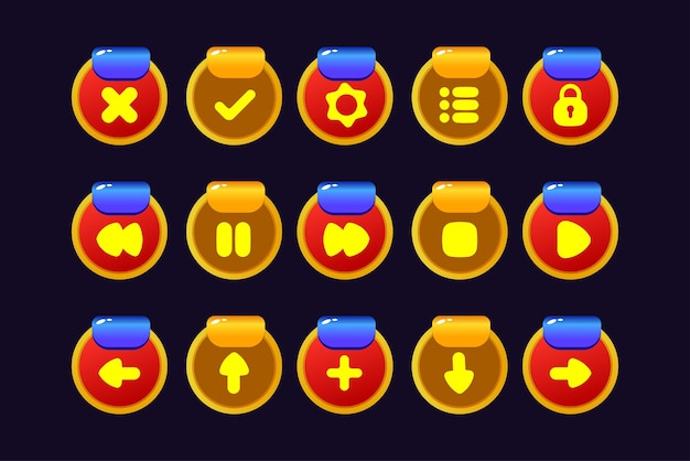 Conjunto de pantallas emergentes de botones de menú de activos de juego y botones de configuración rojos y amarillos