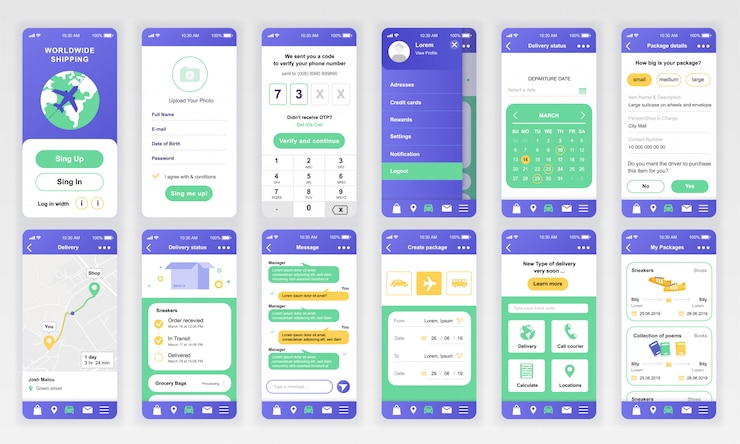 Vector conjunto de pantallas de interfaz de usuario, ux, gui aplicación de entrega plana