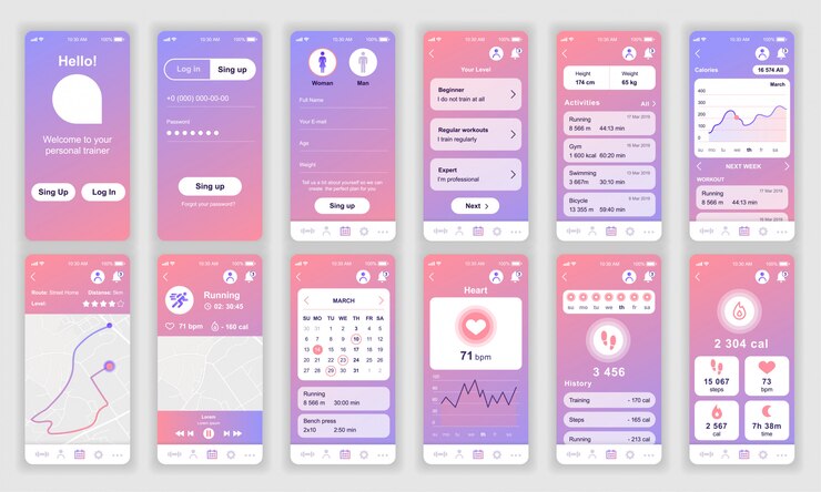 Vector conjunto de pantallas de interfaz de usuario, ux, gui aplicación de fitness plana