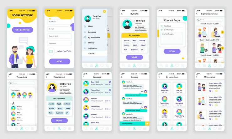 Vector conjunto de pantallas de interfaz de usuario, ux, gui aplicación de red social plana