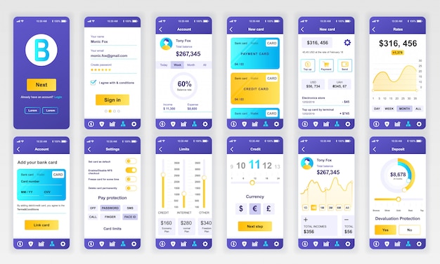 Conjunto de pantallas de interfaz de usuario, ux, gui banca aplicación plana