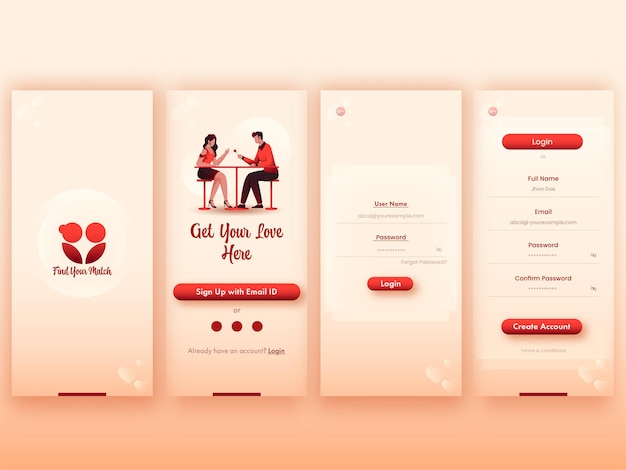 Conjunto de pantallas de interfaz de usuario, UX, GUI, combinación perfecta o aplicación de citas, que incluye crear cuenta, iniciar sesión, registrarse