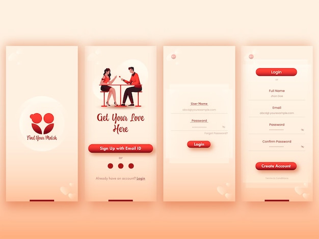 Conjunto de pantallas de interfaz de usuario, ux, gui, combinación perfecta o aplicación de citas, que incluye crear cuenta, iniciar sesión, registrarse