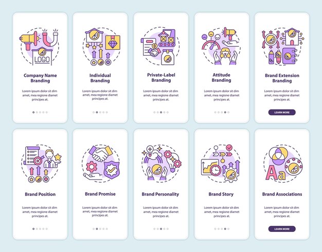 Conjunto de pantallas de la página de la aplicación móvil de incorporación de planificación de marca. Tutorial de estrategia empresarial Instrucciones gráficas de 5 pasos con conceptos. UI, UX, plantilla de vector de GUI con ilustraciones en colores lineales
