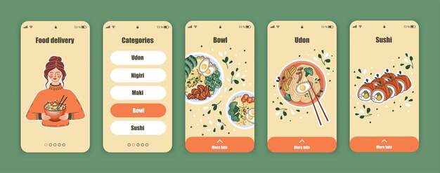 Conjunto de pantallas UI UX para aplicaciones móviles sobre entrega de alimentos. Comida asiática.