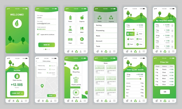 Conjunto de pantallas ui, ux, gui ecología aplicación plana