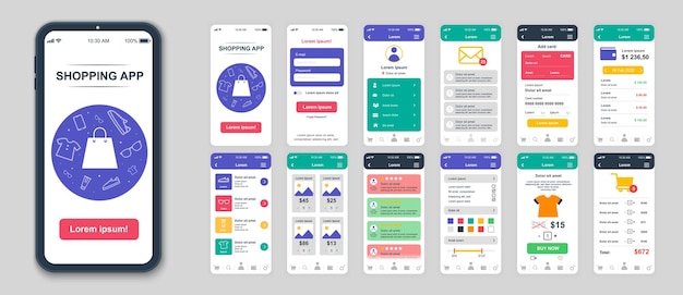 Conjunto de pantallas UI UX GUI Plantilla de diseño plano de aplicación de compras para sitio web receptivo de aplicaciones móviles