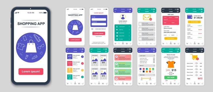 Vector conjunto de pantallas ui ux gui plantilla de diseño plano de aplicación de compras para sitio web receptivo de aplicaciones móviles