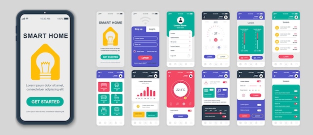 Conjunto de pantallas ui ux gui plantilla de diseño plano de aplicación smart home para sitio web receptivo de aplicaciones móviles