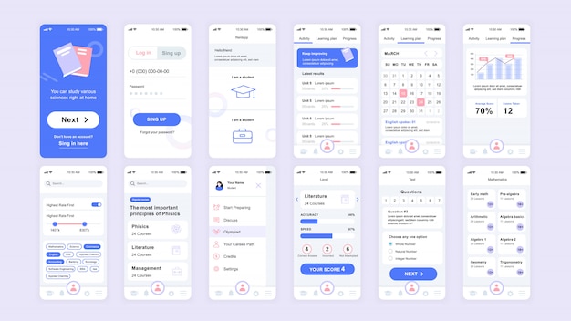 Conjunto de pantallas UI, UX, GUI Plantilla plana de aplicación de educación