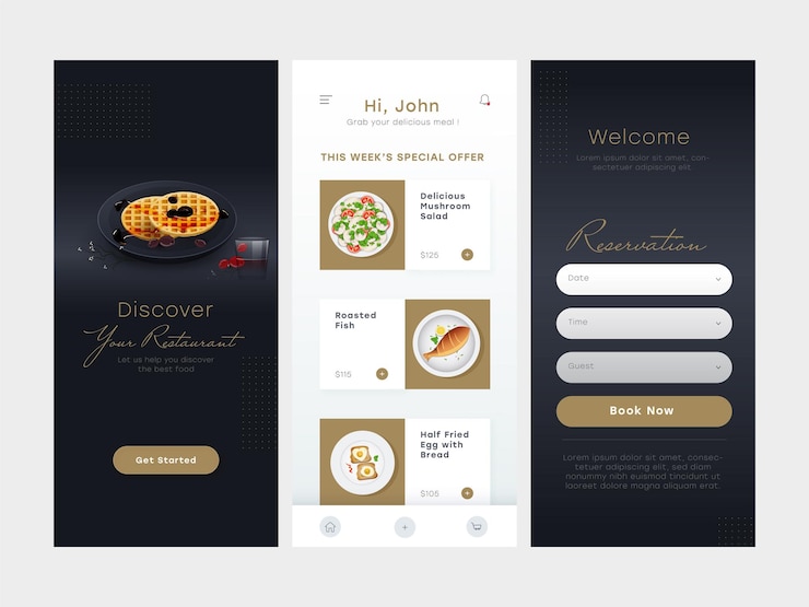 Vector conjunto de pantallas ui ux gui que incluyen reserva de menú de inicio de sesión para restaurante