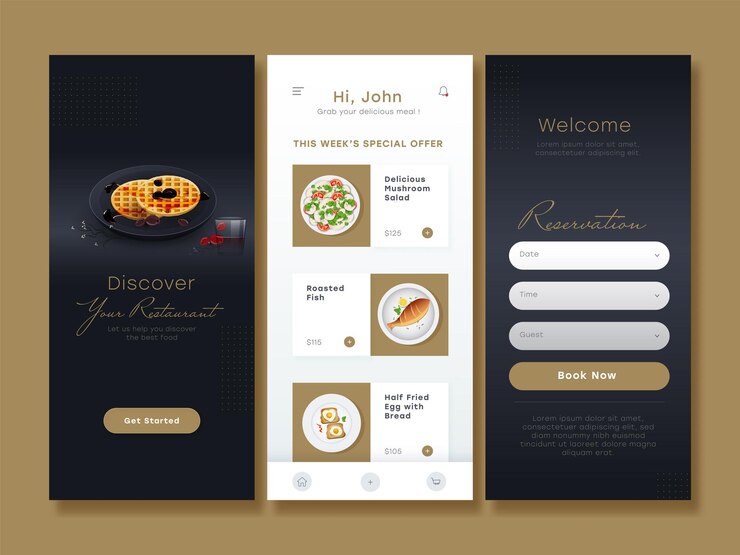 Vector conjunto de pantallas ui ux gui que incluyen reserva de menú de inicio de sesión para restaurante