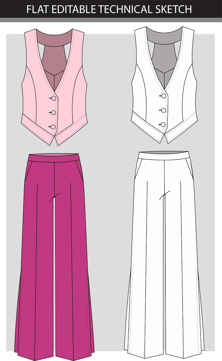 Vector conjunto de pantalones y blusa de mujer con abrigo de cintura ilustración de boceto plano