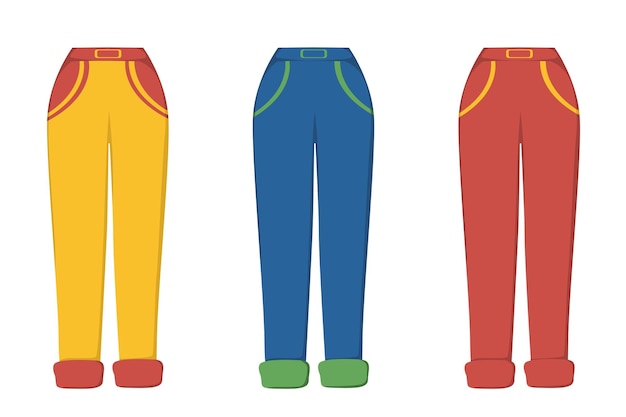 Vector un conjunto de pantalones en diferentes colores en una imagen vectorial de estilo plano