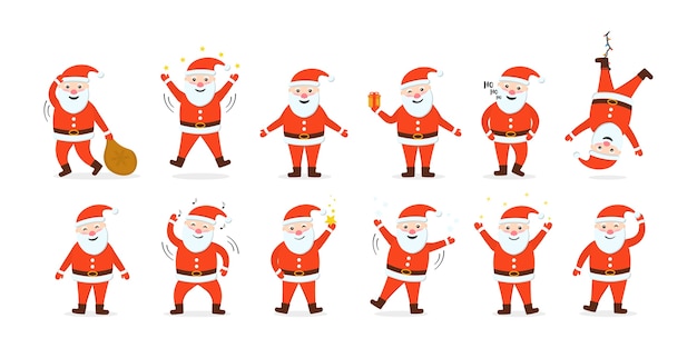 El conjunto de Papá Noel está listo para el año nuevo y la Navidad. Colección de divertidos personajes de dibujos animados con diferentes emociones y elementos de año nuevo. Personajes en movimiento de vacaciones de dibujos animados.