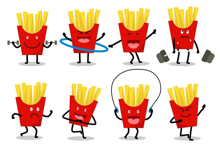 Vector conjunto de papas fritas de dibujos animados en varias poses y ejercicios para diseñador gráfico, ilustración vectorial