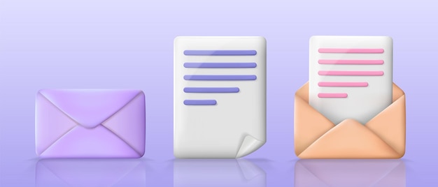 Conjunto de papel blanco de sobre púrpura 3d colorido y carta naranja con documento