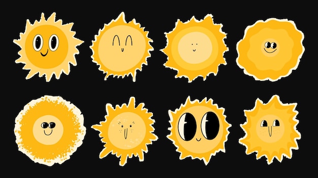 Conjunto de papel de dibujos animados cortados soles xASet de personajes infantiles de verano vectoriales soleados