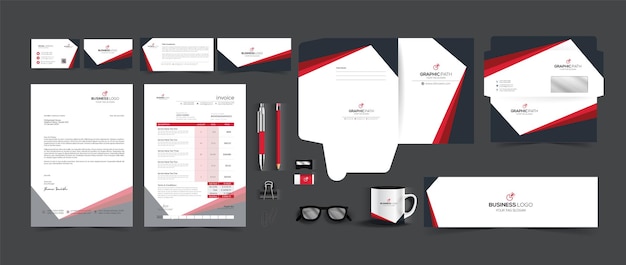 Conjunto de papelería colateral de negocios rojo profesional moderno Vector