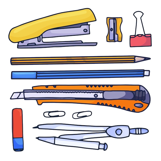 Conjunto de papelería de dibujos animados dibujados a mano de accesorios y útiles escolares