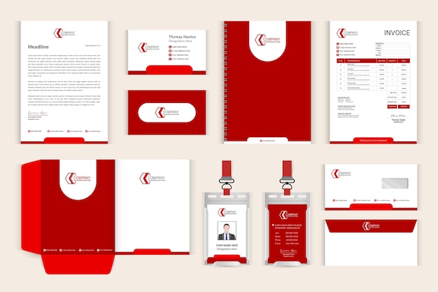 Conjunto de papelería de identidad de marca empresarial roja corporativa