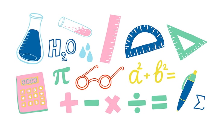 Vector conjunto de papelería lindo suministros escolares de oficina aprendizaje matemáticas diseño plano reglas de geometría ciencia frasco tubo de ensayo agua fórmula ecuación gafas biología conjunto de elementos