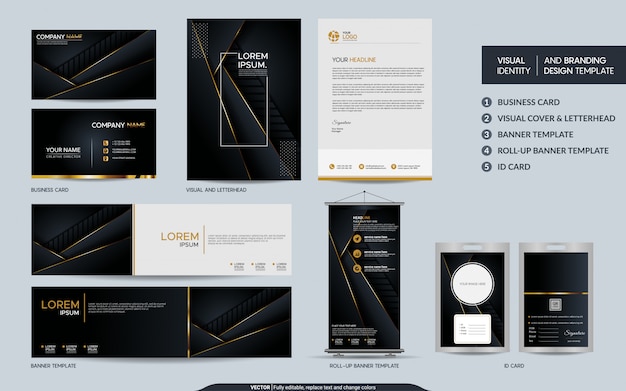 Conjunto de papelería de oro negro de lujo e identidad visual de la marca con fondo abstracto de capas superpuestas