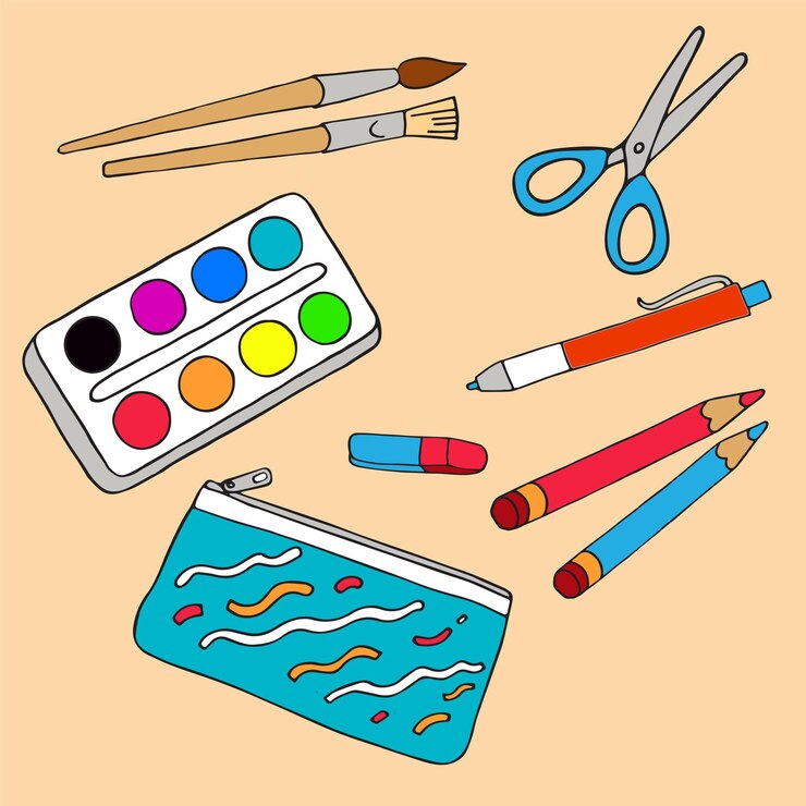 conjunto de papelería pinturas tijeras pinceles lápices caja de lápices