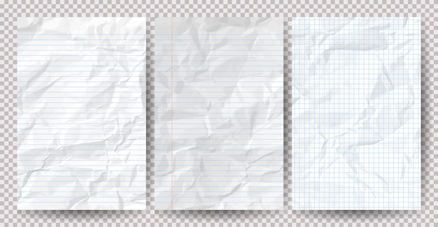 Conjunto de papeles arrugados blancos y limpios sobre un fondo transparente Hojas de papel de cuaderno vacías arrugadas con sombra para carteles y pancartas Ilustración vectorial