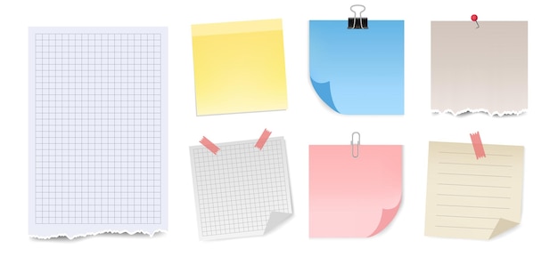 Conjunto de papeles de nota con alfiler clip de papel alfiler cinta adhesiva y cinta adhesiva Hoja en blanco una nota una hoja de papel rota y una página de un cuaderno aislado sobre fondo blanco Vector illustrationxA