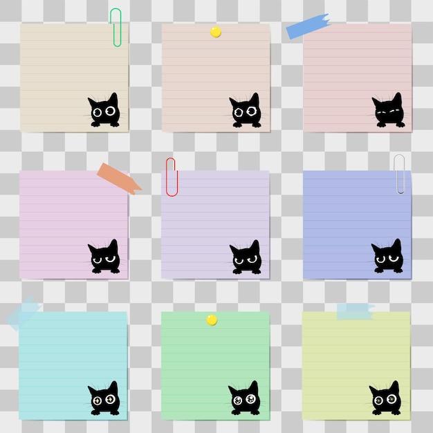 Conjunto de papeles de notas con lindos gatos.