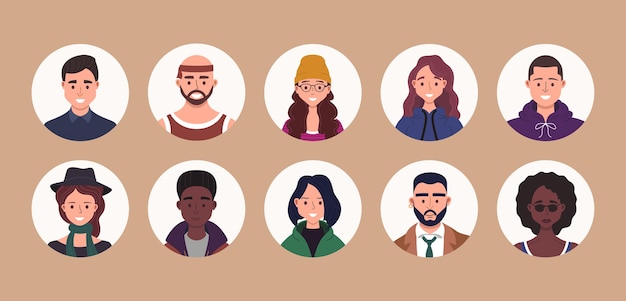 Conjunto de paquete de avatar de personas. retratos de usuario. diferentes iconos de rostro humano. personajes masculinos y femeninos.