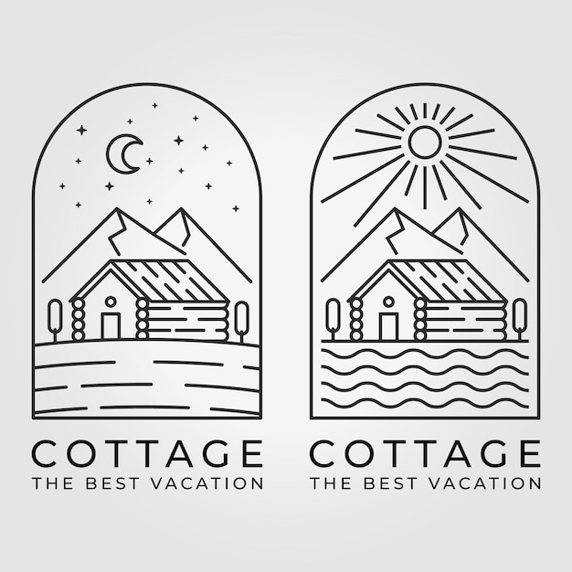 Conjunto de paquete de cabaña Cottage Line Art Logo Diseño de ilustración vectorial Sun Moon Mountain