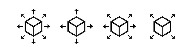 Conjunto de paquete de caja de cubo logístico de entrega con flechas en diferentes direcciones. símbolo del paquete postal.
