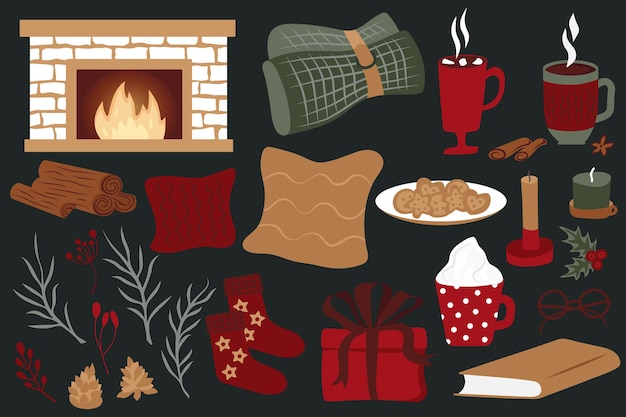 Vector conjunto de paquete de decoración navideña de invierno cozy hygge home en color verde y rojo