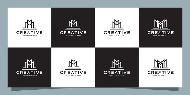 Conjunto de paquete de diseño de logotipo de monograma letra inicial m Vector Premium