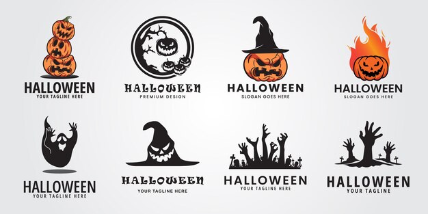 Vector conjunto paquete logotipo de halloween icono diseño inspiración con árbol y luna ilustración vectorial