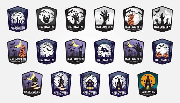 Vector conjunto paquete logotipo de halloween icono diseño inspiración con árbol y luna ilustración vectorial