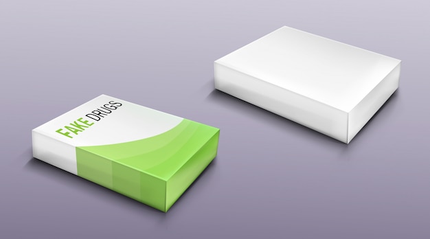 Vector conjunto de paquete de medicamentos falsos, caja en blanco de cartón