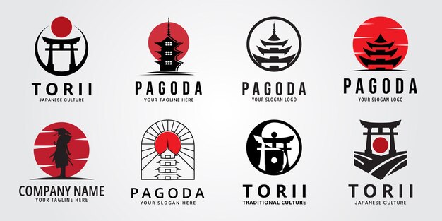 conjunto paquete pagoda templo con estallido de sol logotipo vector símbolo ilustración diseño minimalista