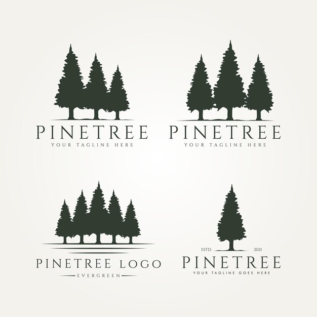 Conjunto de paquete de paisaje de pinos, diseño de ilustraciones vectoriales de plantilla de logotipo vintage