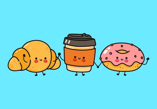 Conjunto de paquete de personajes de croissant y café donut feliz lindo divertido